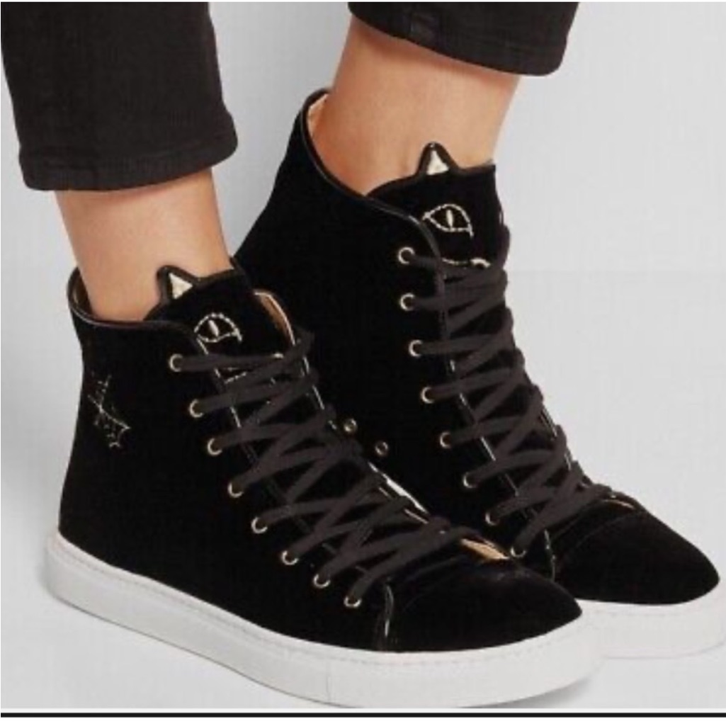 Charlotte Olympia Black Velvet Purrrfect High-Top Sneakers